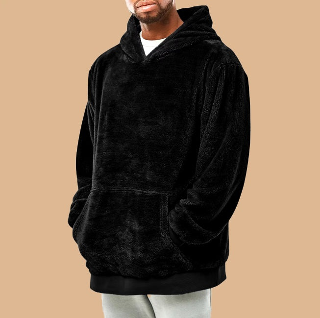 Men'S Puffer Hooded Sweatshirt Winter Double Sided Plush Hoodie with Pocket Arctic Velvet Warm Hooded Sport Outerwear